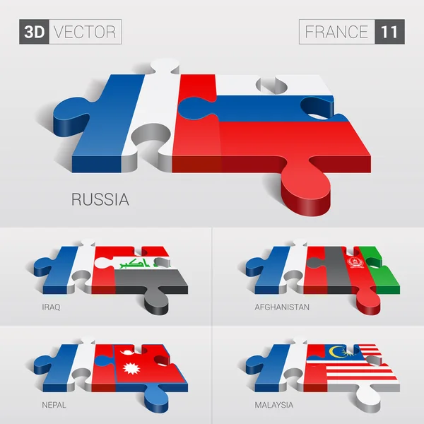 Frankrijk en Rusland, Irak, Afghanistan, Nepal, Maleisië vlag. 3D vector puzzel. Ligt op 11. — Stockvector