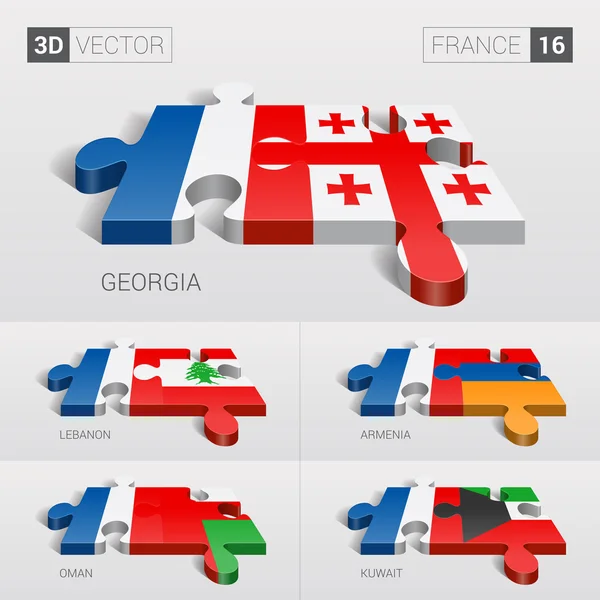 Francia y Georgia, Líbano, Armenia, Omán, Kuwait Bandera. rompecabezas vector 3d. Set 16 . — Vector de stock