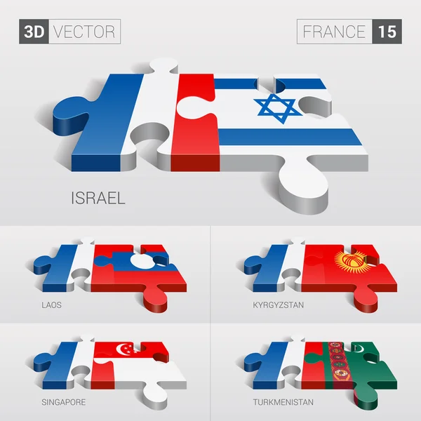 France et Israël, Laos, Kirghizistan, Singapour, Turkménistan Drapeau. Puzzle vectoriel 3D. Set 15 . — Image vectorielle