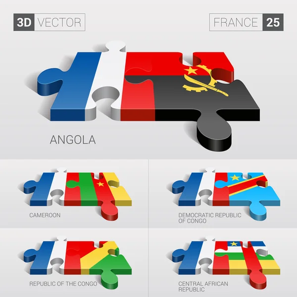 Francia y Angola, Camerún, República Democrática del Congo, República del Congo, República Centroafricana Bandera. rompecabezas vector 3d. Set 25 . — Vector de stock