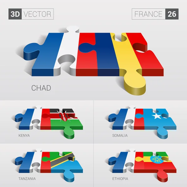 Francia y Chad, Kenia, Somalia, Tanzania, Etiopía Bandera. rompecabezas vector 3d. Set 26 . — Vector de stock