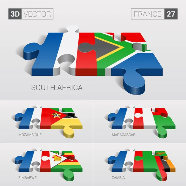 フランスと南アフリカ、モザンビーク、マダガスカル、ジンバブエ、ザンビアの旗。3Dベクトルパズル。27を設定. — ストックベクタ