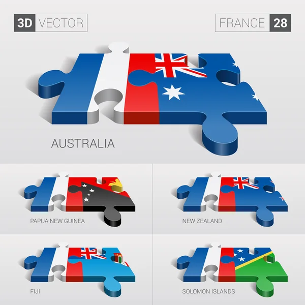 Francia e Australia, Papua Nuova Guinea, Nuova Zelanda, Figi, Isole Salomone Bandiera. Puzzle vettoriale 3d. Set 28 . — Vettoriale Stock