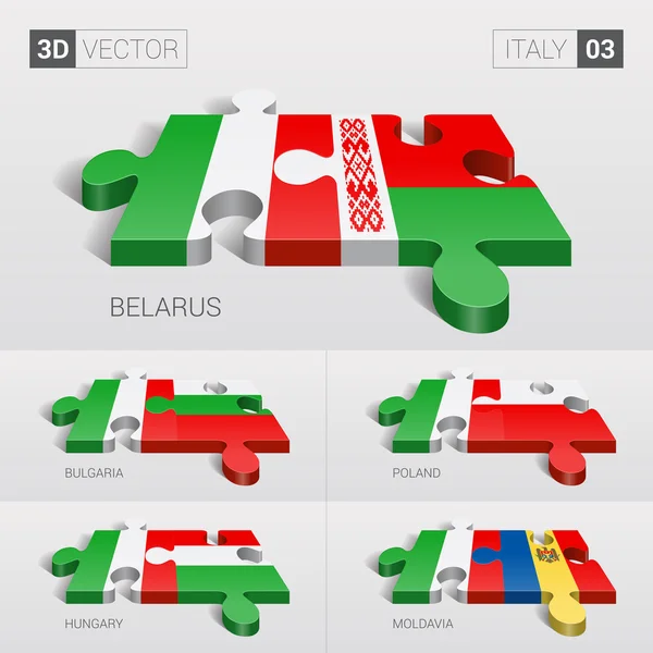 Italy and Belarus, Bulgaria, Poland, Hungary, Moldavia Flag. 3d vector puzzle. Set 03. — Stock Vector