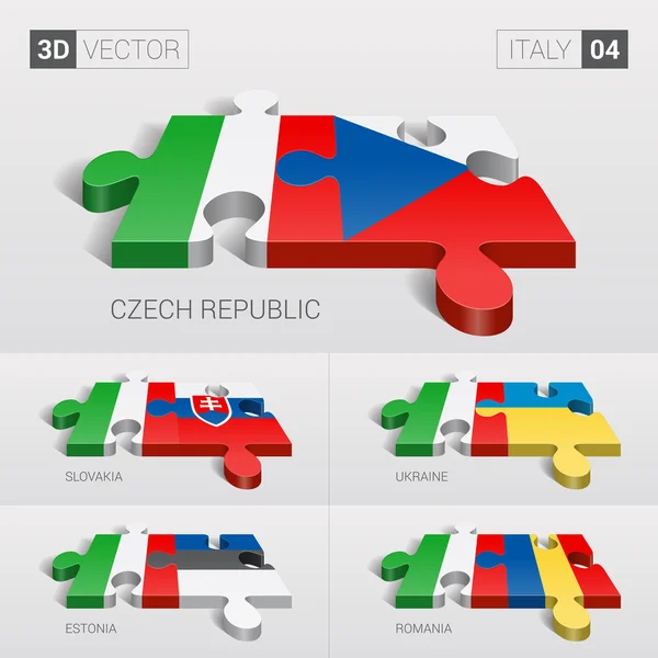 İtalya ve Çek, Slovakya, Ukrayna, Estonya, Romanya Bayrağı. 3d vektör bulmaca. Set 04.