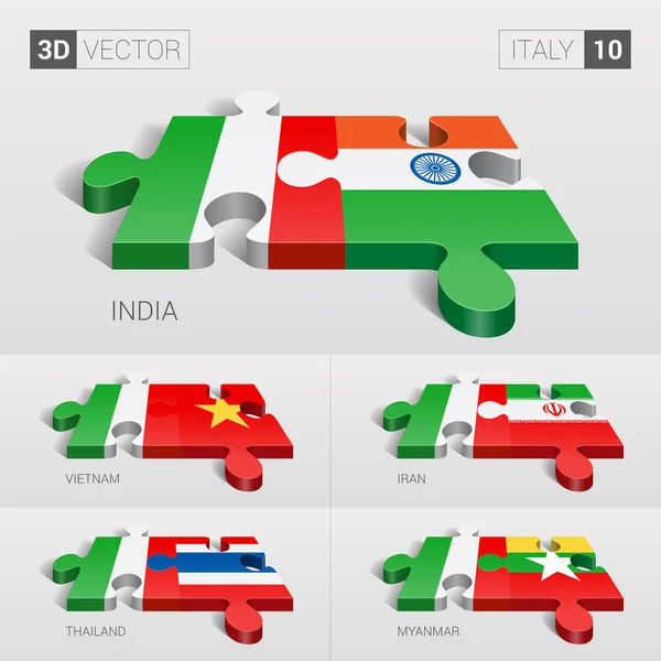 Bandera de Italia e India, Vietnam, Irán, Tailandia, Myanmar. rompecabezas vector 3d. Set 10 . — Vector de stock