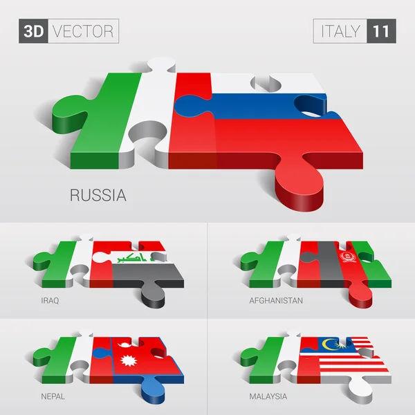 Bandera de Italia y Rusia, Iraq, Afganistán, Nepal, Malasia. rompecabezas vector 3d. Set 11 . — Vector de stock