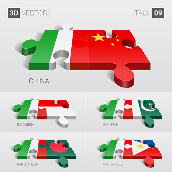 Bandera de Italia y China, Indonesia, Pakistán, Bangladesh, Filipinas. rompecabezas vector 3d. Set 09 . — Vector de stock