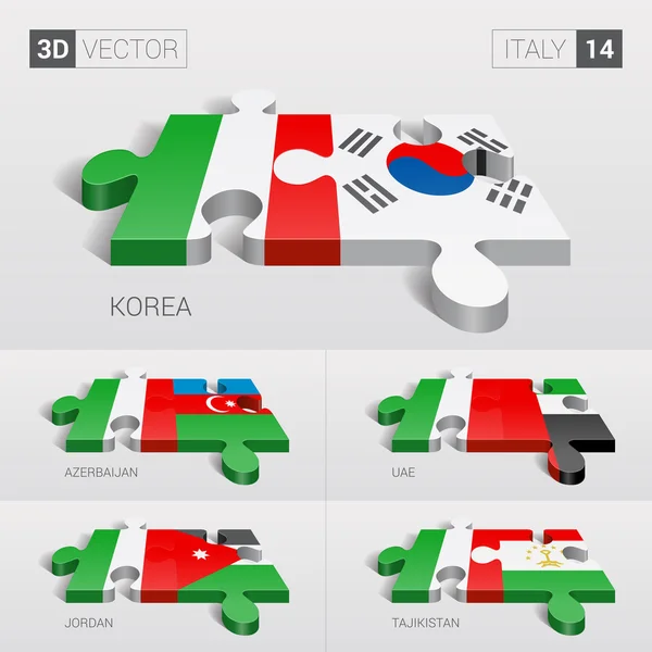 Italia y Corea, Azerbaiyán, Emiratos Árabes Unidos, Jordania, Tayikistán Bandera. rompecabezas vector 3d. Set 14 . — Vector de stock