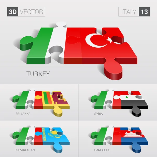 이탈리아와 터키, 스리랑카, 시리아, 카자흐스탄, 캄보디아 국기. 3D 벡터 퍼즐. 세트 13. — 스톡 벡터
