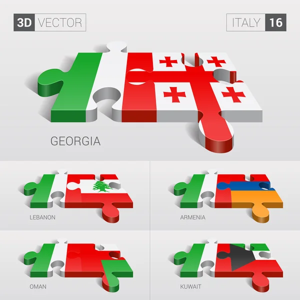 Italia y Georgia, Líbano, Armenia, Omán, Kuwait Bandera. rompecabezas vector 3d. Set 16 . — Vector de stock