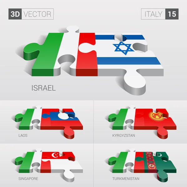 이탈리아와 이스라엘, 라오스, 키르기스스탄, 싱가포르, 투르크메니스탄 국기. 3D 벡터 퍼즐. 세트 15. — 스톡 벡터