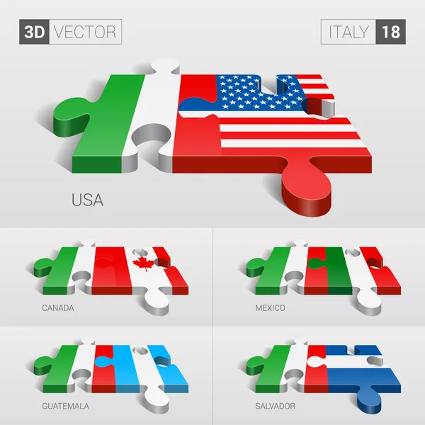 Bandera de Italia y Estados Unidos, Canadá, México, Guatemala, Salvador. rompecabezas vector 3d. Set 18 . — Vector de stock