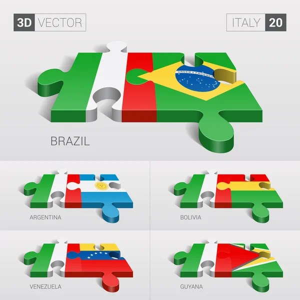 İtalya ve Brezilya, Arjantin, Bolivya, Venezuela, Guyana Bayrağı. 3d vektör bulmaca. Set 20.