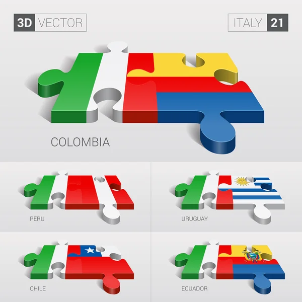 Bandera de Italia y Colombia, Perú, Uruguay, Chile, Ecuador. rompecabezas vector 3d. Set 21 . — Vector de stock