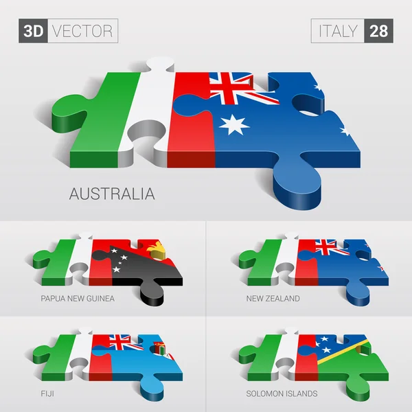 Italië en Australië, Papoea-Nieuw-Guinea, Nieuw-Zeeland, Fiji, Salomonseilanden vlag. 3D-vector puzzel. Reeks 28. — Stockvector