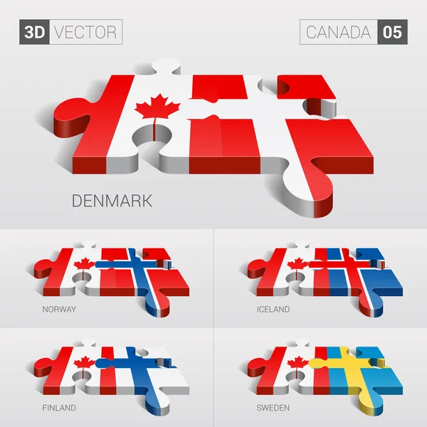Bandera de Canadá y Dinamarca, Islandia, Noruega, Finlandia, Suecia. rompecabezas vector 3d. Set 05 . — Vector de stock