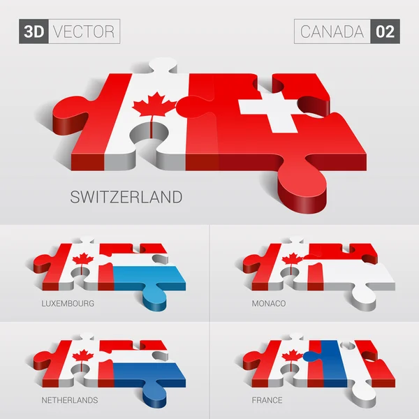 Canada en Zwitserland, Luxemburg, Monaco, Nederland, Frankrijk markeren. 3D-vector puzzel. Set 02. — Stockvector