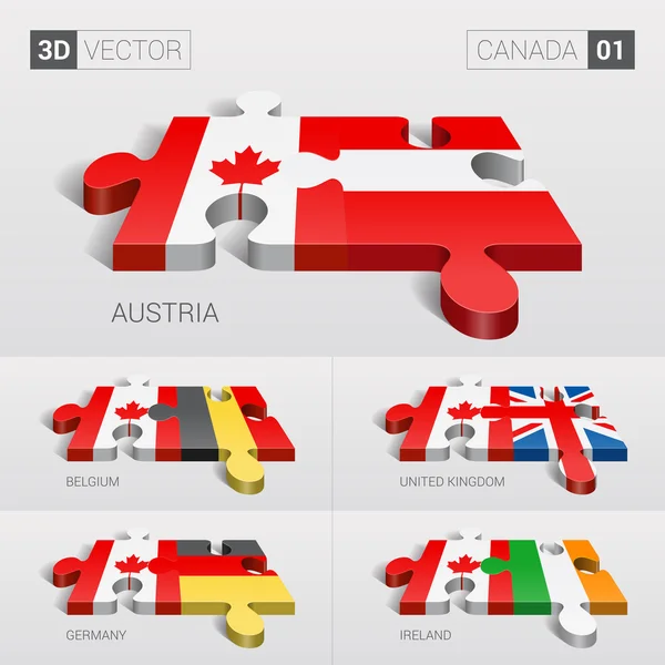 Canadá y Austria, Bélgica, Reino Unido, Alemania, Irlanda Bandera. rompecabezas vector 3d. Set 01 . — Vector de stock