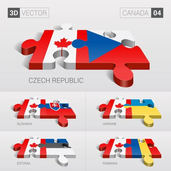 Canadá e República Checa, Eslováquia, Ucrânia, Estónia, Roménia Bandeira. 3d vetor quebra-cabeça. Set 04 . —  Vetores de Stock