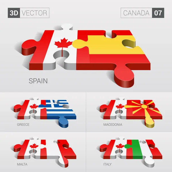 Canadá y España, Grecia, Macedonia, Malta, Italia Bandera. rompecabezas vector 3d. Set 07 . — Vector de stock