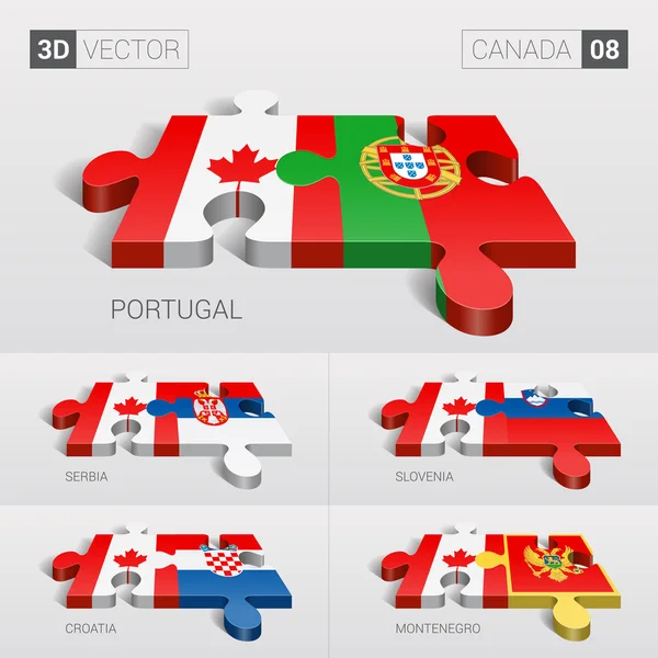 Canadá y Portugal, Serbia, Eslovenia, Croacia, Montenegro Bandera. rompecabezas vector 3d. Set 08 . — Vector de stock