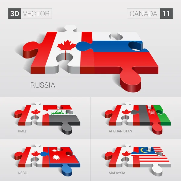 Bandera de Canadá y Rusia, Iraq, Afganistán, Nepal, Malasia. rompecabezas vector 3d. Set 11 . — Vector de stock