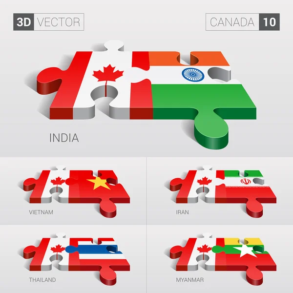 Bandera de Canadá e India, Vietnam, Irán, Tailandia, Myanmar. rompecabezas vector 3d. Set 10 . — Vector de stock
