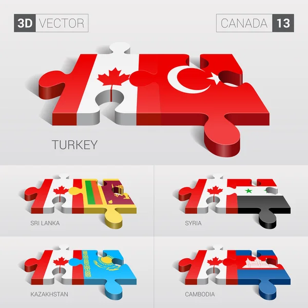 Canada and Turkey, Sri Lanka, Syria, Kazakhstan, Cambodia Flag. 3d vector puzzle. Set 13. — Stock Vector