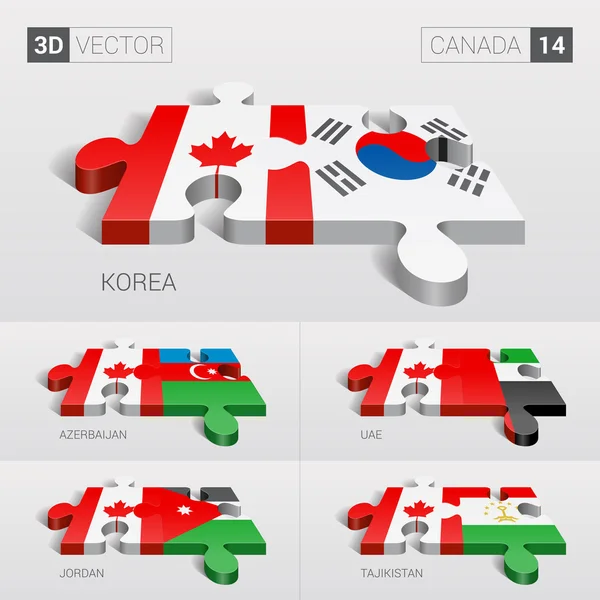 Canadá y Corea, Azerbaiyán, Emiratos Árabes Unidos, Jordania, Tayikistán Bandera. rompecabezas vector 3d. Set 14 . — Vector de stock