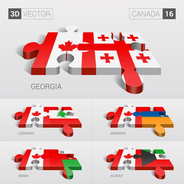 Bandera de Kuwait, Canadá y Georgia, Líbano, Armenia, Omán. rompecabezas vector 3d. Set 16 . — Vector de stock