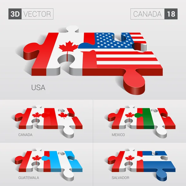 Canadá y Estados Unidos, Canadá, México, Guatemala, Salvador Bandera. rompecabezas vector 3d. Set 18 . — Vector de stock