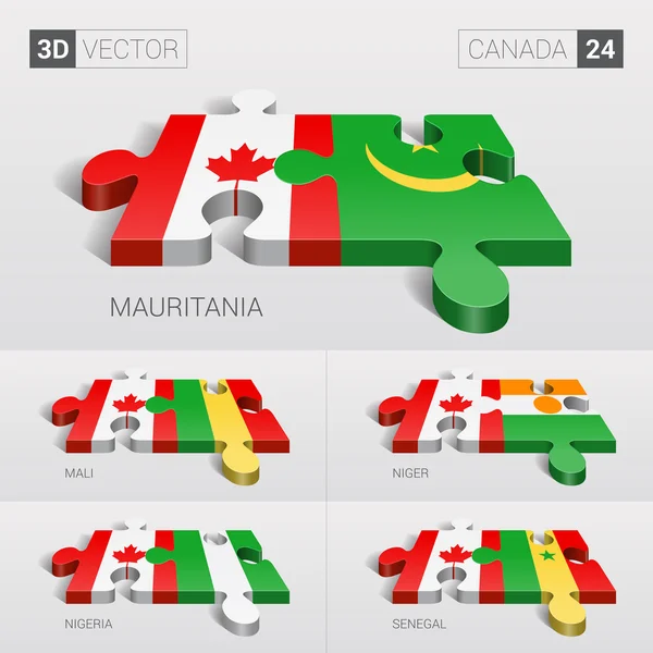 Bandera de Canadá y Mauritania, Malí, Níger, Nigeria, Senegal. rompecabezas vector 3d. Set 24 . — Vector de stock
