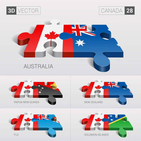 Bandera de Canadá y Australia, Papúa Nueva Guinea, Nueva Zelanda, Fiyi, Islas Salomón. rompecabezas vector 3d. Set 28 . — Vector de stock