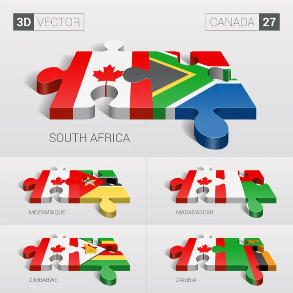 Bandera de Canadá y Sudáfrica, Mozambique, Madagascar, Zimbabwe, Zambia. rompecabezas vector 3d. Set 27 . — Vector de stock