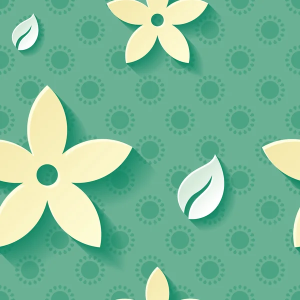 Mooie naadloze achtergrondpatroon groen met geel bloeiende bloem en witte blad. Floral modern behang. — Stockvector