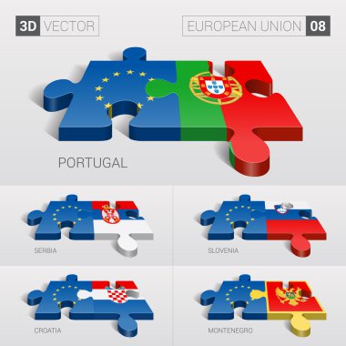 European Union and Portugal, Serbia, Slovenia, Croatia, Montenegro Flag. 3d vector puzzle. Set 08.