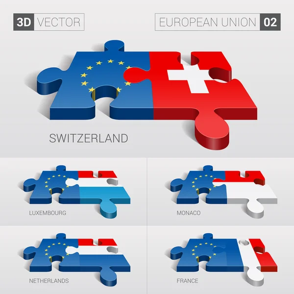 Bandera de la Unión Europea y Suiza, Luxemburgo, Mónaco, Países Bajos, Francia. rompecabezas vector 3d. Set 02 . — Vector de stock