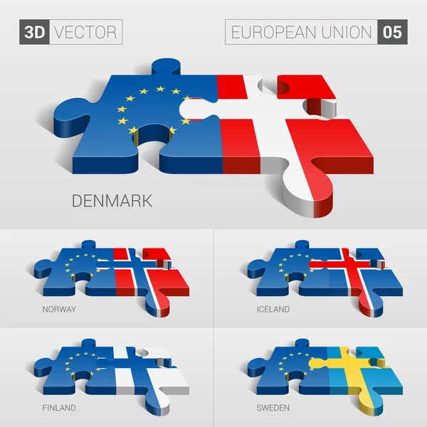 Bandera de la Unión Europea y Dinamarca, Islandia, Noruega, Finlandia y Suecia. rompecabezas vector 3d. Set 05 . — Vector de stock