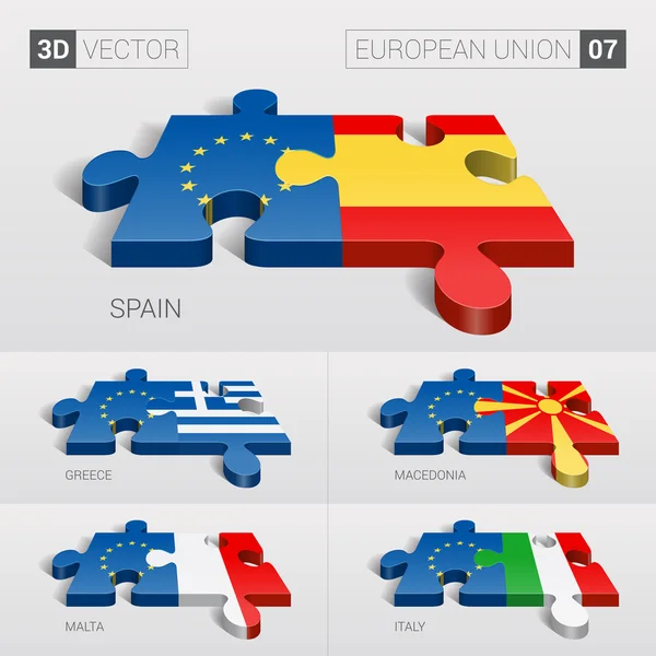 Bandera de la Unión Europea y España, Grecia, Macedonia, Malta, Italia. rompecabezas vector 3d. Set 07 . — Vector de stock