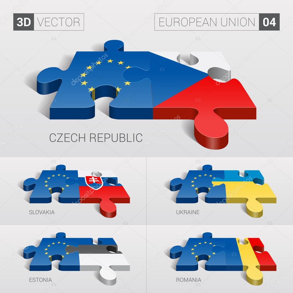 European Union and Czech, Slovakia, Ukraine, Estonia, Romania Flag. 3d vector puzzle. Set 04.