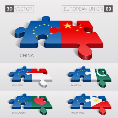 European Union and China, Indonesia, Pakistan, Bangladesh, Philippines Flag. 3d vector puzzle. Set 09.