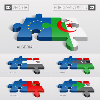 Avrupa Birliği ve Cezayir, Mısır, Libya, Fas, Sudan bayrağı. 3D vektör bulmaca. 22 ayarla.