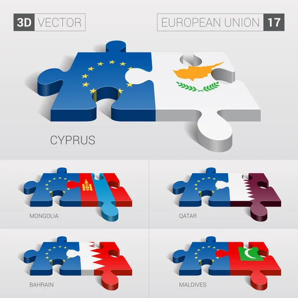 Bandera de la Unión Europea y Chipre, Mongolia, Qatar, Bahrein, Maldivas. rompecabezas vector 3d. Set 17 . — Vector de stock