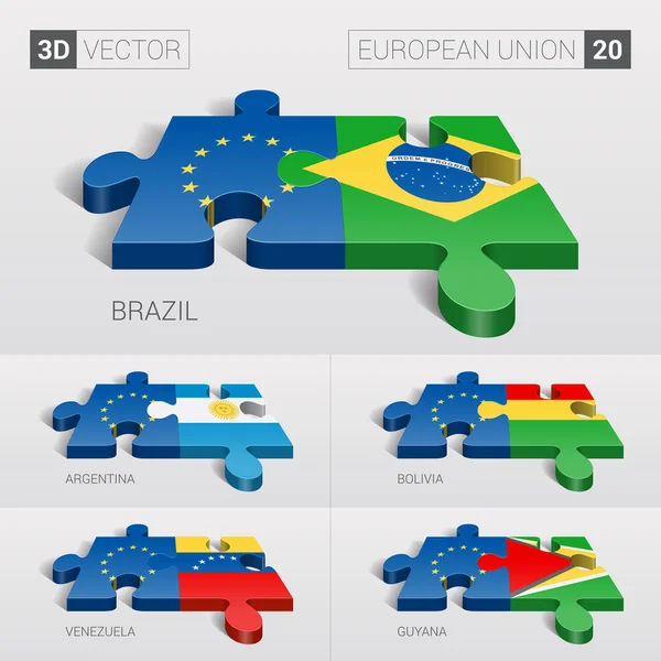 European Union and Brazil, Argentina, Bolivia, Venezuela, Guyana Flag. 3d vector puzzle. Set 20. — стоковий вектор