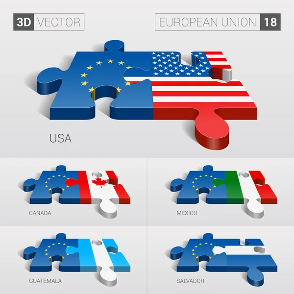 European Union and USA, Canada, Mexico, Guatemala, Salvador Flag. 3d vector puzzle. Set 18. — Διανυσματικό Αρχείο