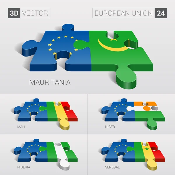 Bandera de la Unión Europea y Mauritania, Malí, Níger, Nigeria, Senegal. rompecabezas vector 3d. Set 24 . — Vector de stock