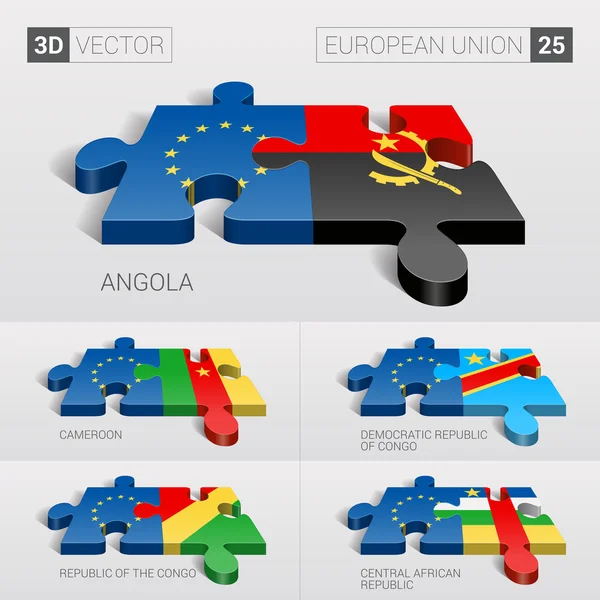Bandera de la Unión Europea y Angola, Camerún, República Democrática del Congo, República del Congo, República Centroafricana. rompecabezas vector 3d. Set 25 . — Vector de stock