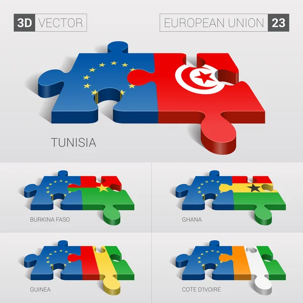 Bandera de la Unión Europea y Túnez, Burkina Faso, Ghana, Guinea, Costa de Marfil. rompecabezas vector 3d. Set 23 . — Vector de stock