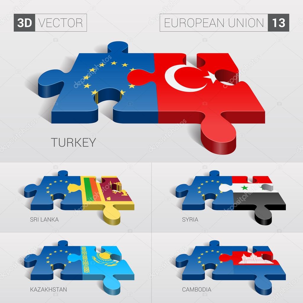European Union and Turkey, Sri Lanka, Syria, Kazakhstan, Cambodia Flag. 3d vector puzzle. Set 13.